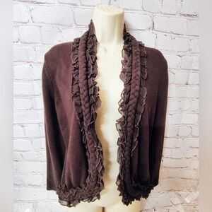 Jones NewYork Silk Ruffle Trim Chiffon Brown Victorian Brown Cardigan Petite Med
